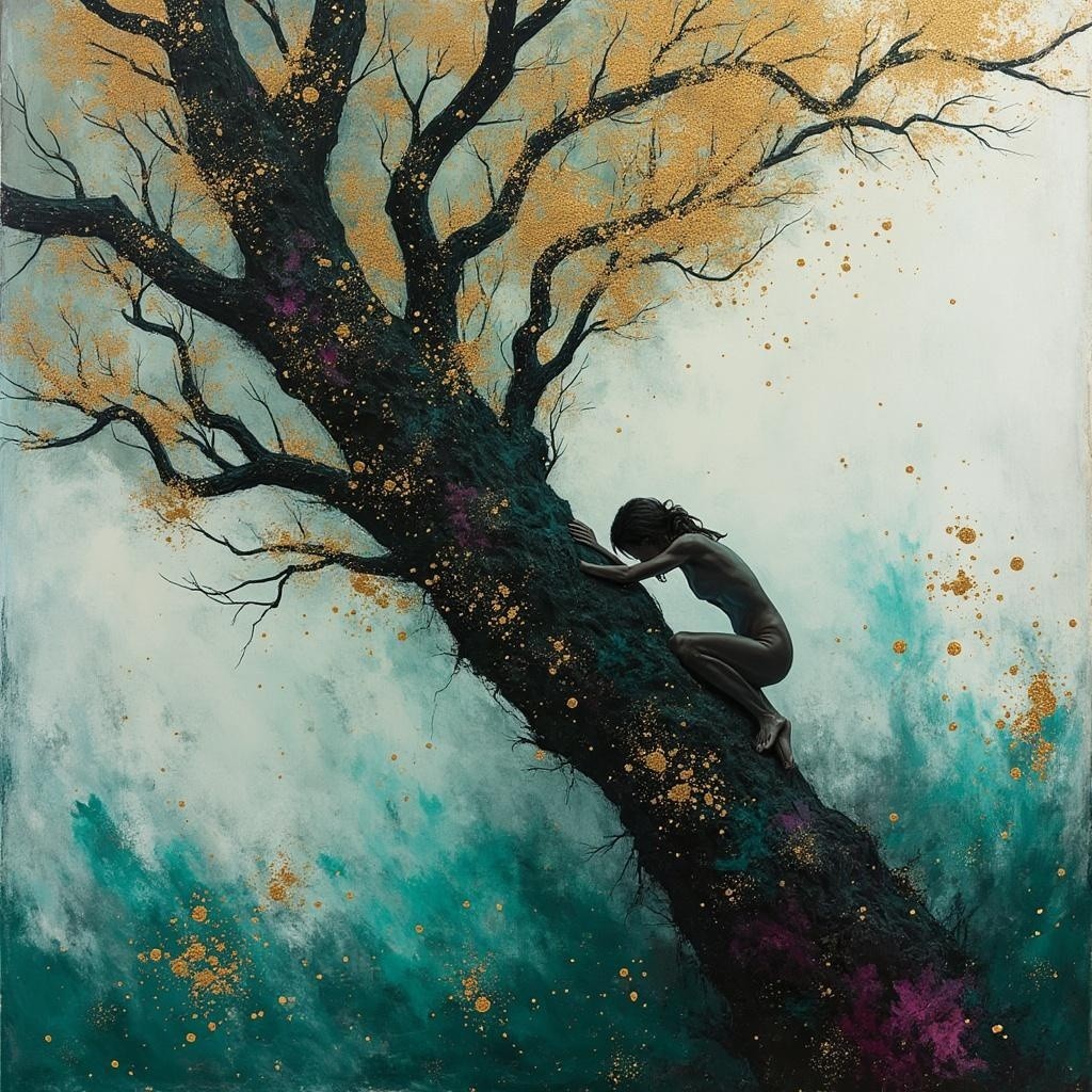 Solitary Figure Against Textured Tree and Colorful Background