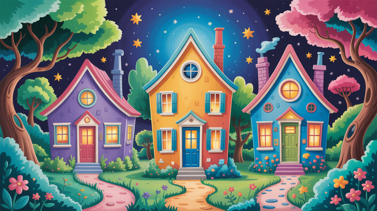 Whimsical Nighttime Scene with Colorful Houses and Nature