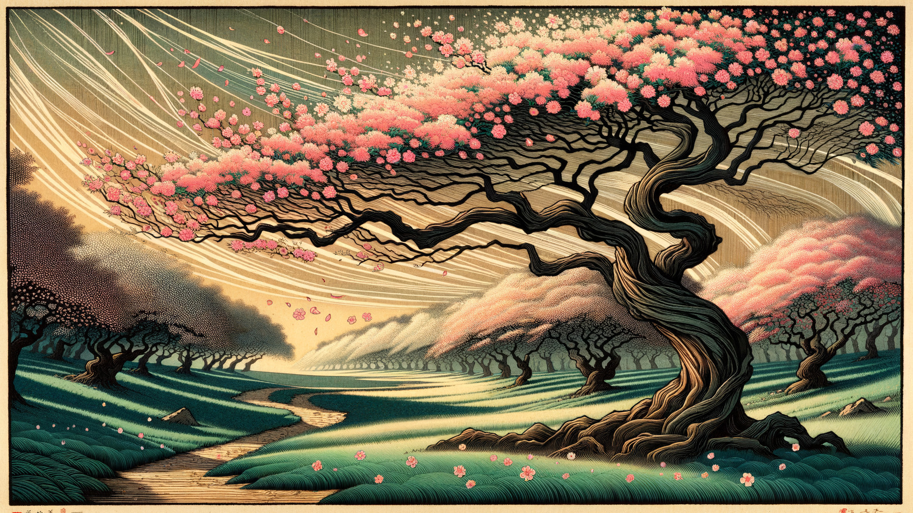 Twisted Tree with Pink Blossoms in Serene Landscape