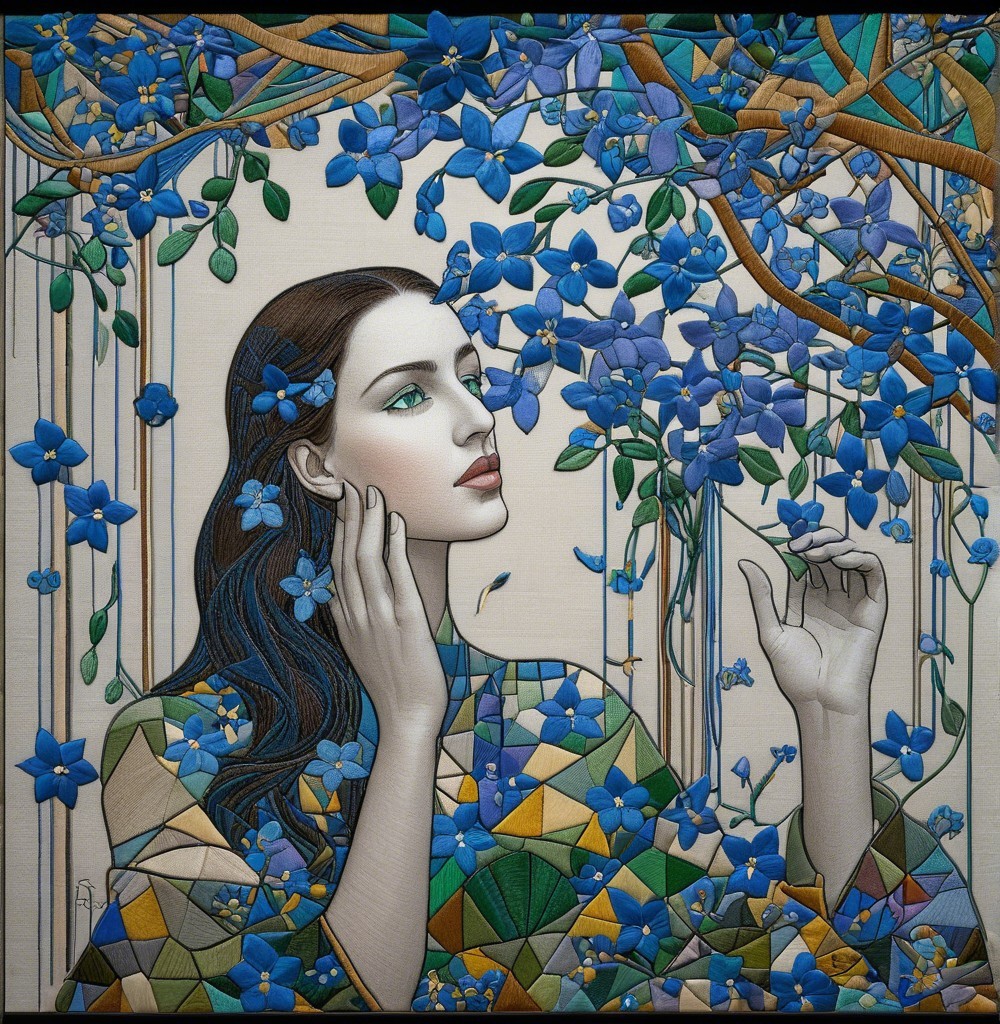 Serene Woman Surrounded by Vibrant Blue Flowers