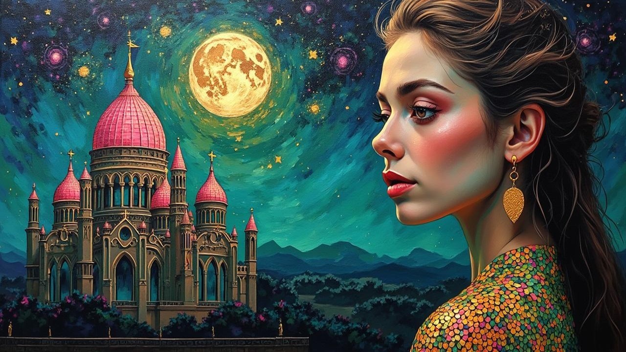 Young woman with earrings near a mystical castle scene