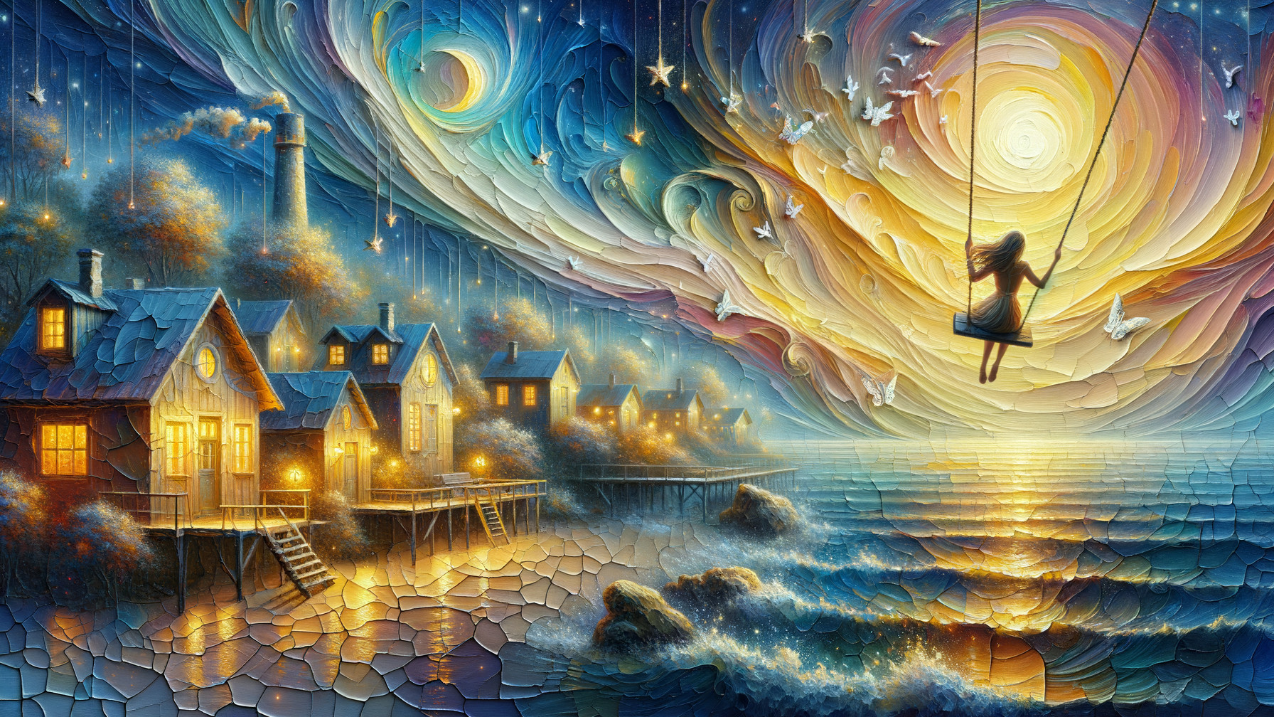 Dreamy Night Scene with Girl Swinging Over Ocean