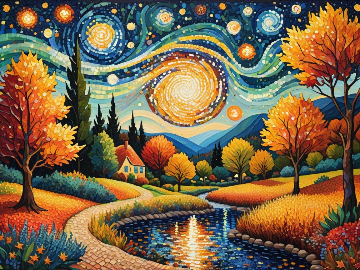 Vibrant Night Sky with Serene Autumn Landscape