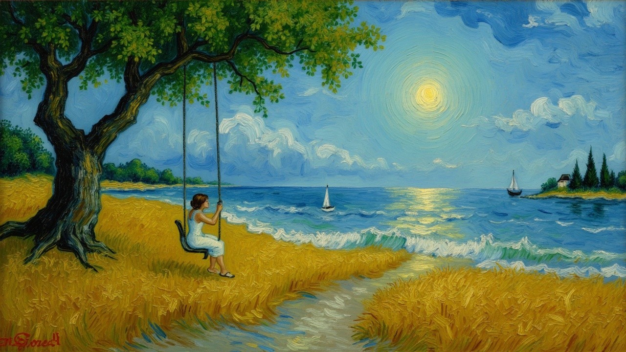 Girl on Swing Beneath Tree Overlooking Sea景