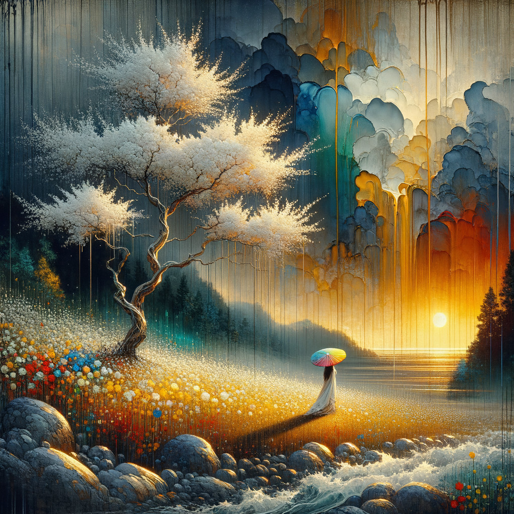 Serene Sunset Landscape with Blossoming Tree and Figure