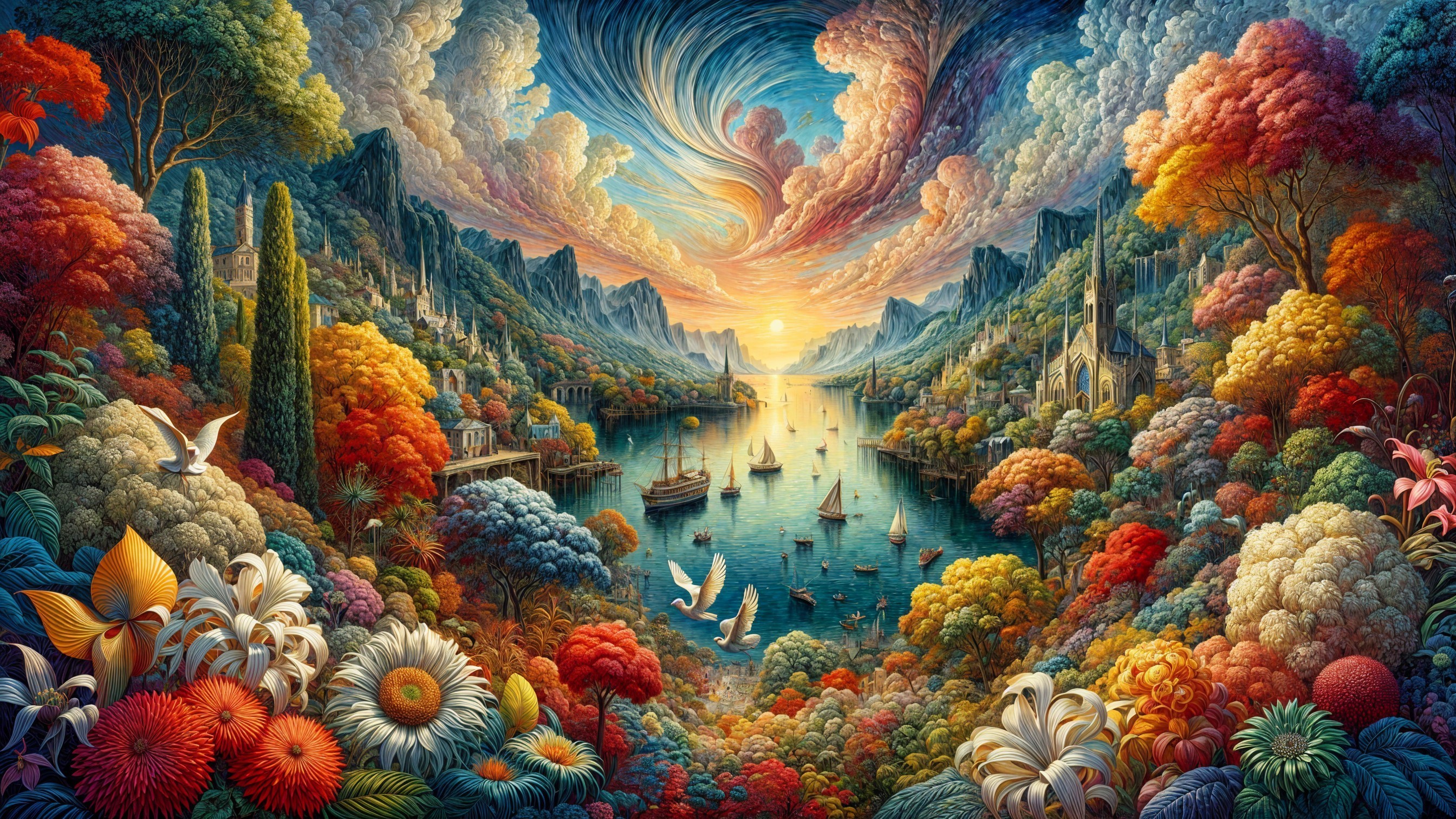 Vibrant Landscape with Colorful Trees and Sunset Sky