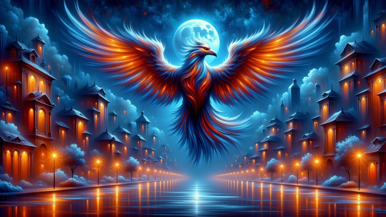Majestic Phoenix Over Serene Night Cityscape