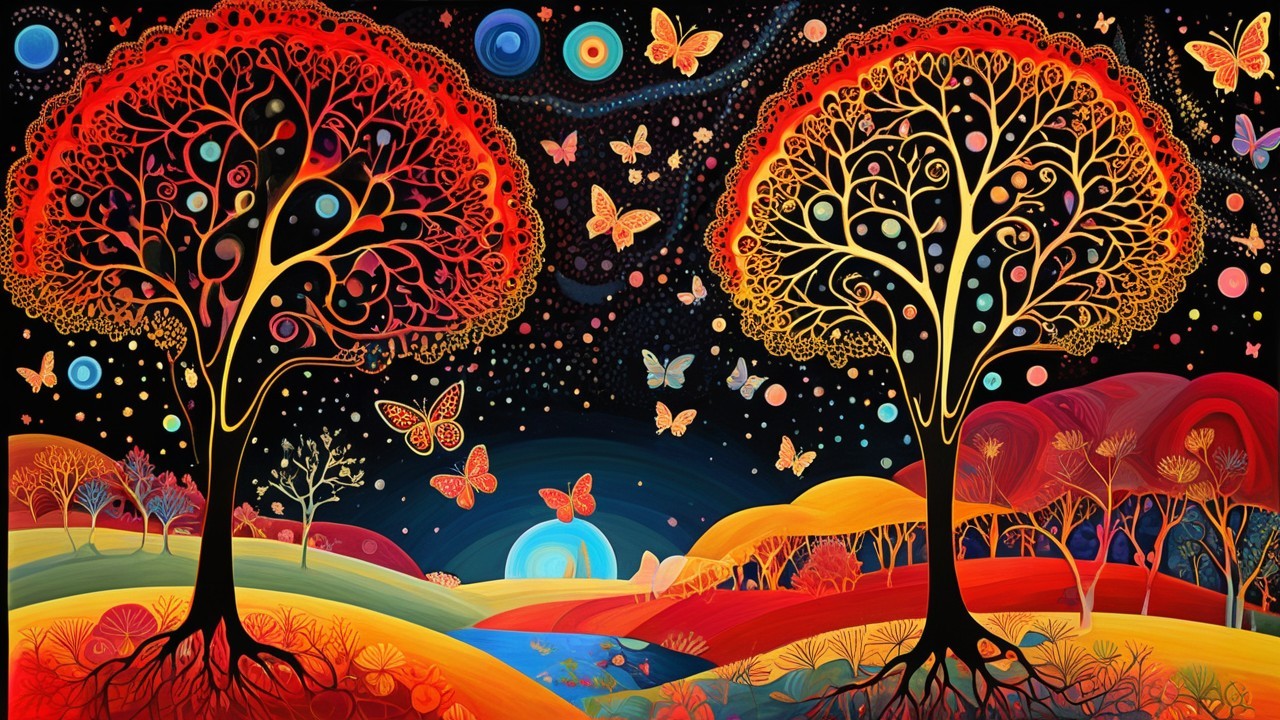 Surreal Landscape with Stylized Trees and Butterflies