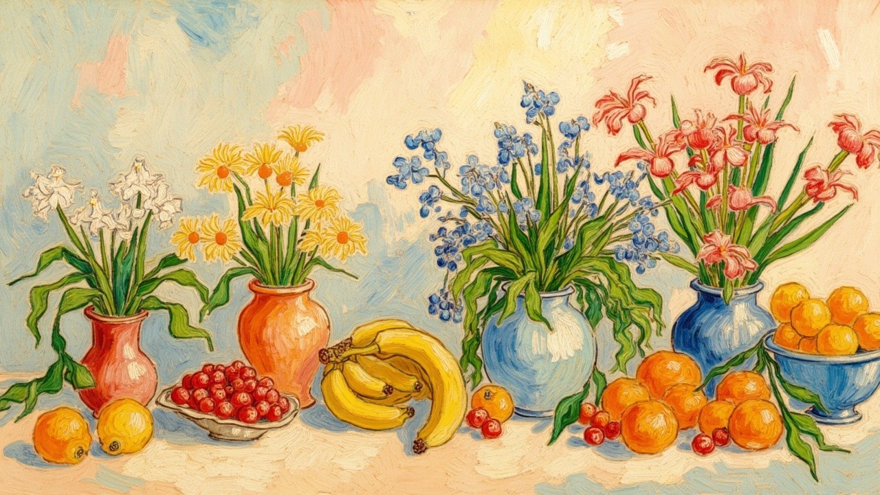Vibrant Still Life with Colorful Flowers and Fruits