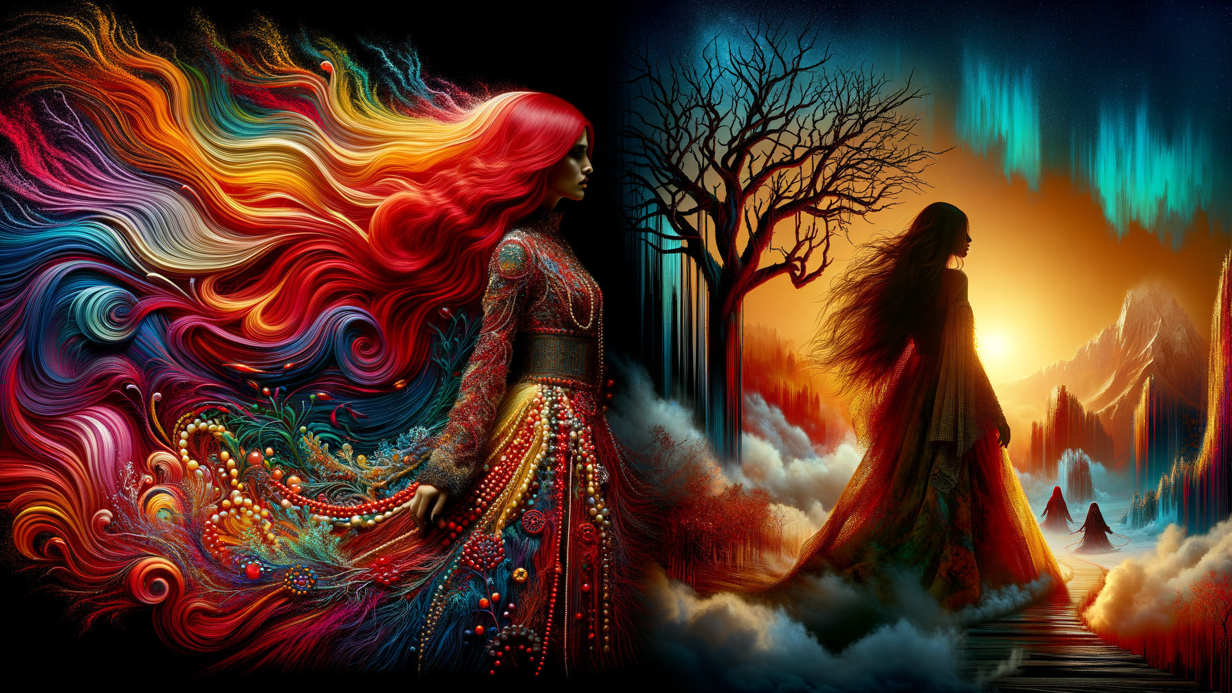 Split Scene of a Woman in Colorful and Surreal Settings