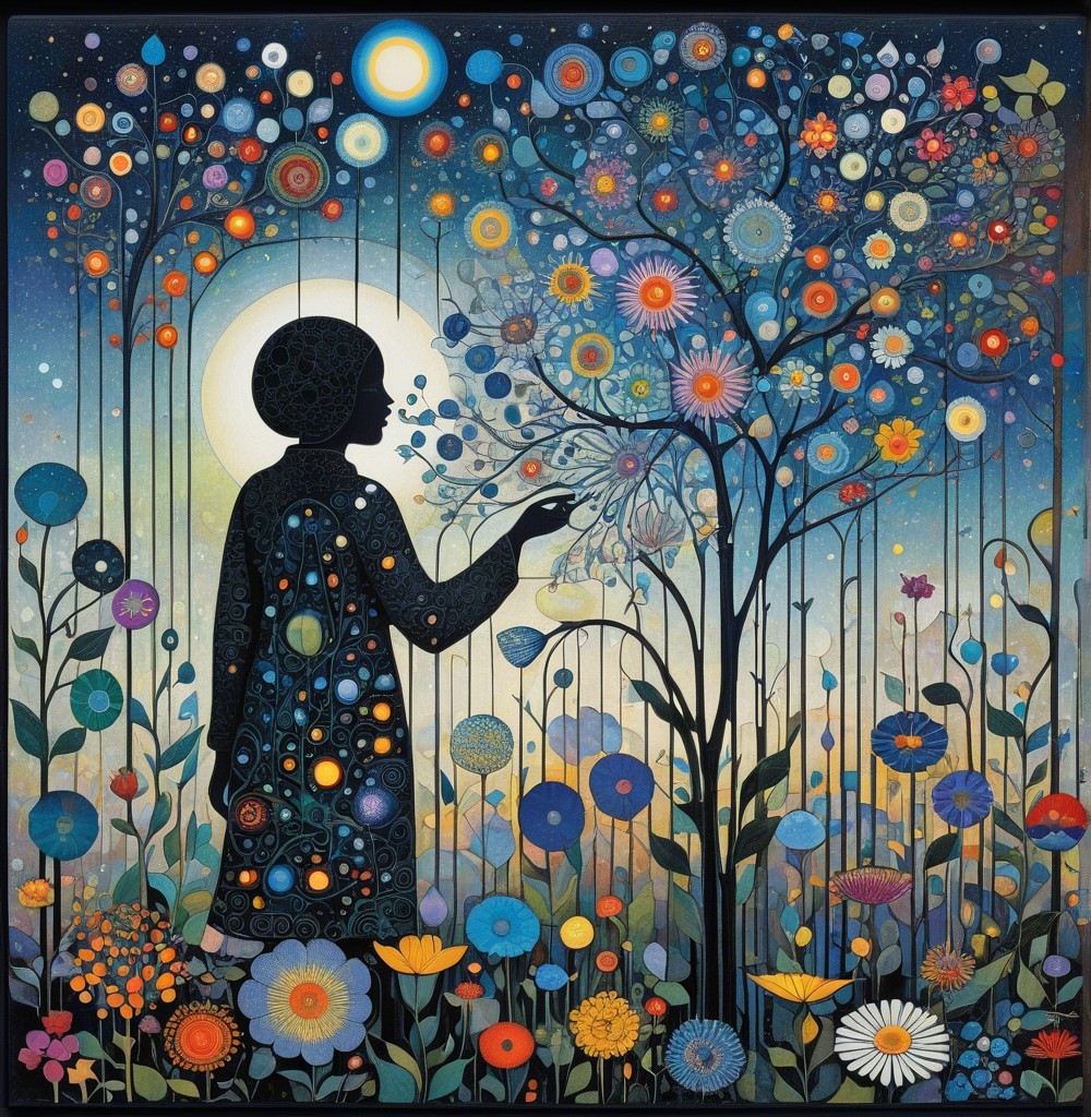 Silhouette in a Colorful Floral Landscape at Dusk