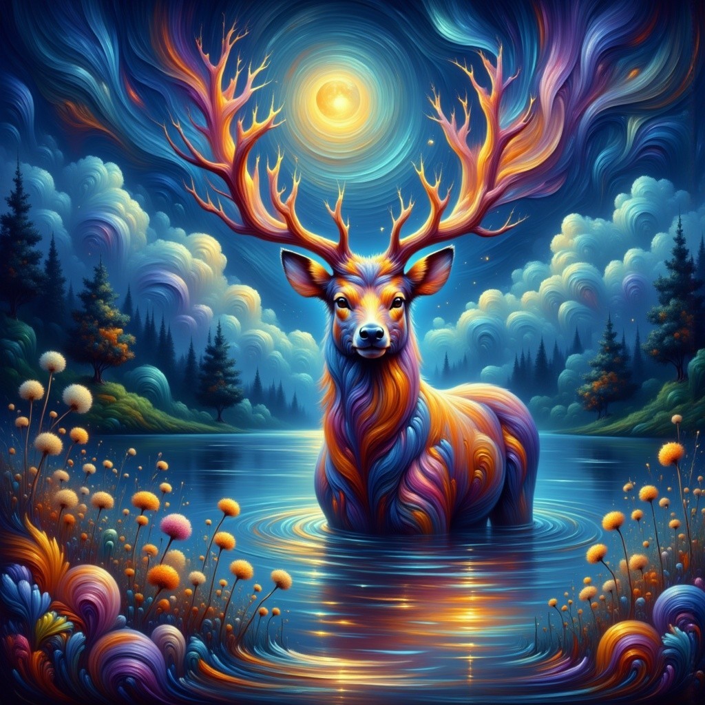 Surreal Scene with Colorful Antlered Deer and Moonlight