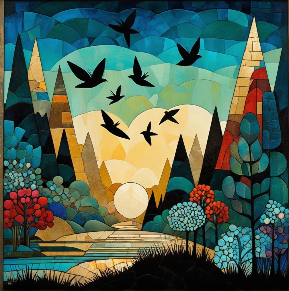 Vibrant Stained Glass Landscape with Mountains and River