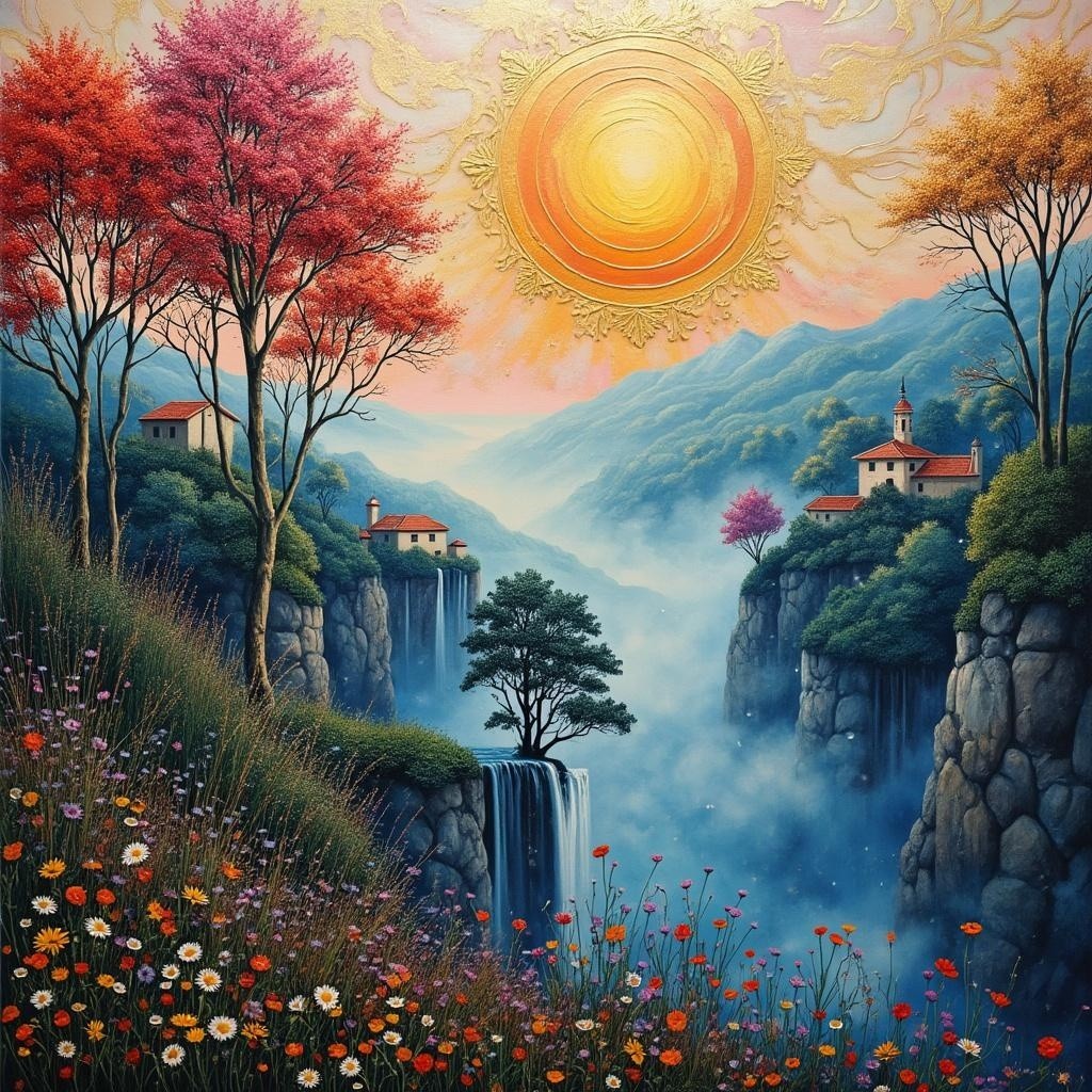 Vibrant Landscape with Waterfalls and Colorful Trees