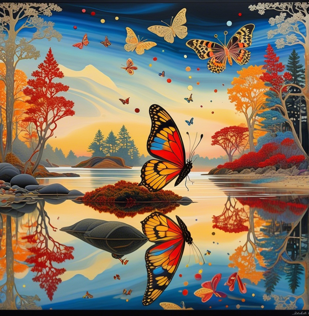 Autumn Landscape with Lake, Trees, and Butterflies