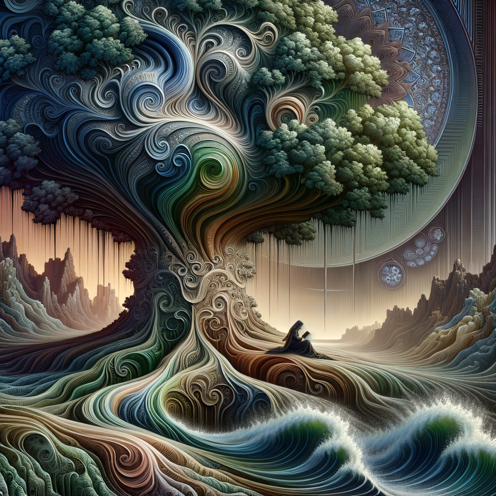 Intricate Tree Design with Mountains and Mandala Elements