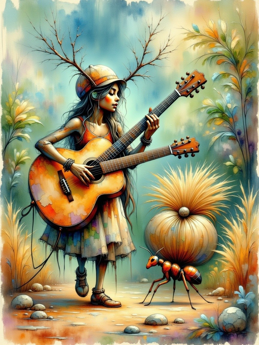 Whimsical Girl with Antlers Playing Guitars in Nature