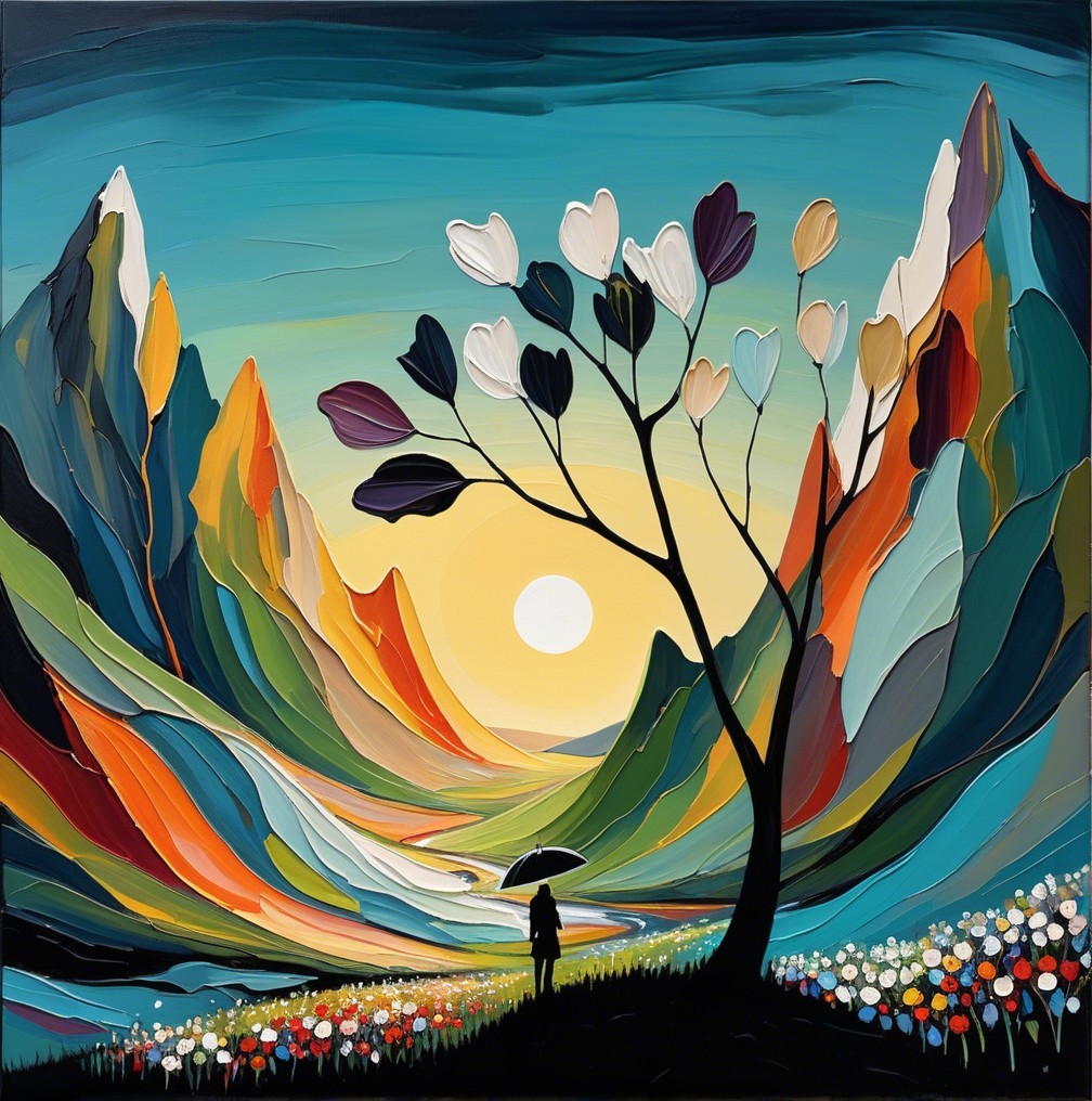 Vibrant Landscape with Mountains and Colorful Flowers
