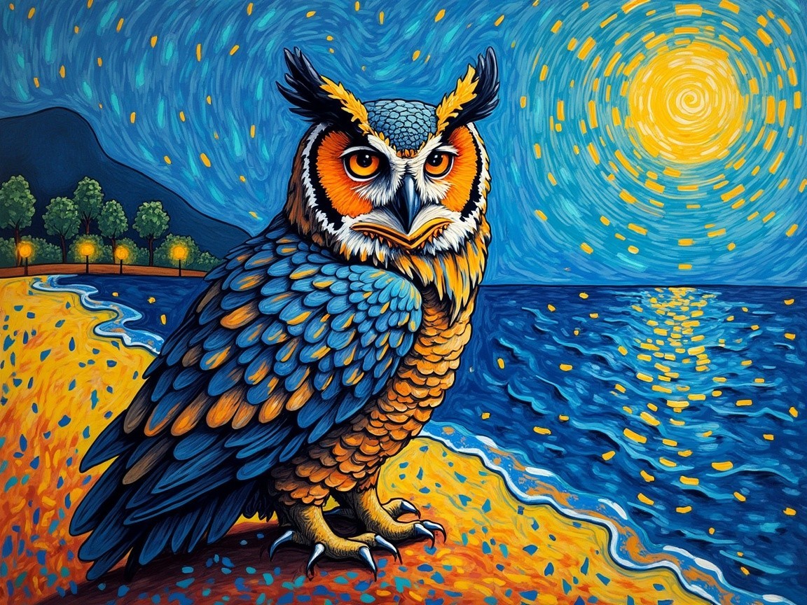 Colorful Owl on Beach with Swirling Sky and Mountains