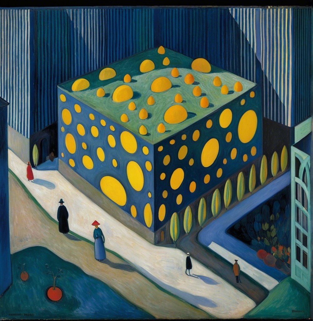 Whimsical Landscape with Cube-Shaped Building and Figures