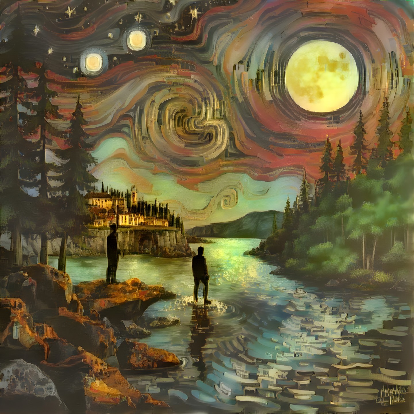 Vibrant Night Sky with Figures Near Shimmering River