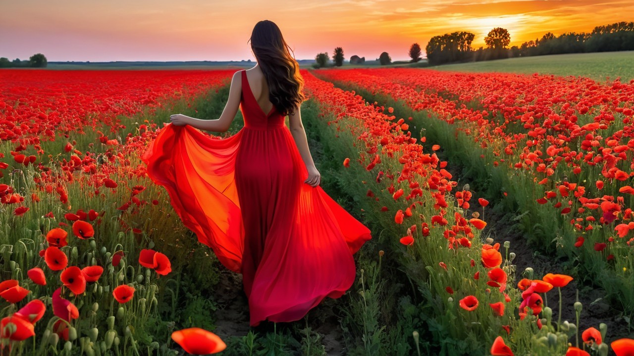 Woman in Red Dress in Poppy Field at Sunset