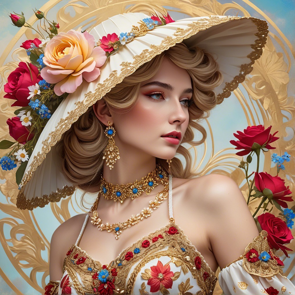 Elegant Woman in Floral Sun Hat and Gold Dress