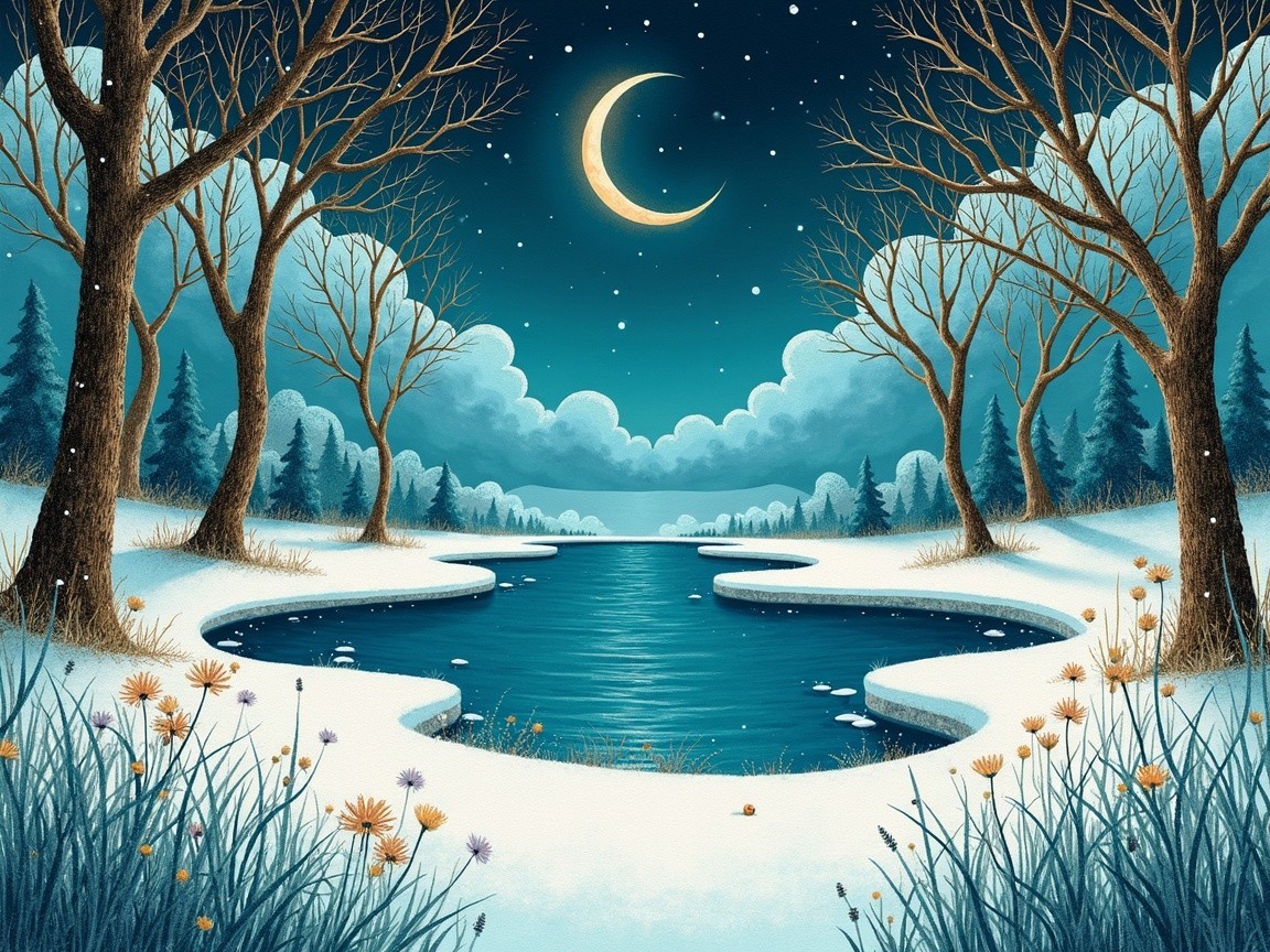 Serene winter lake scene with moon and stars