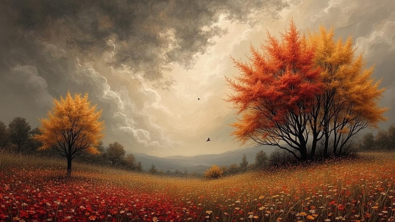 Vibrant Autumn Landscape with Contrasting Trees