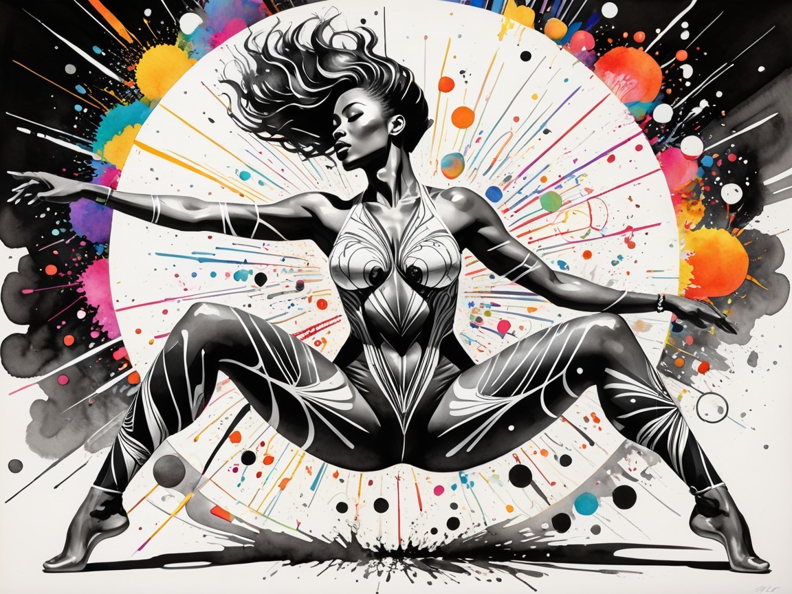 Dynamic Woman in Vibrant Abstract Colors and Patterns