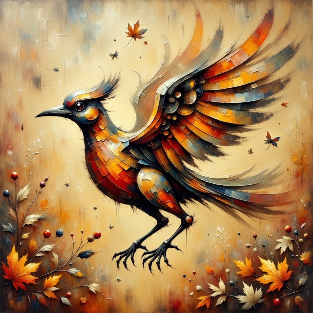 Vibrant Bird with Autumn Leaves and Floral Elements
