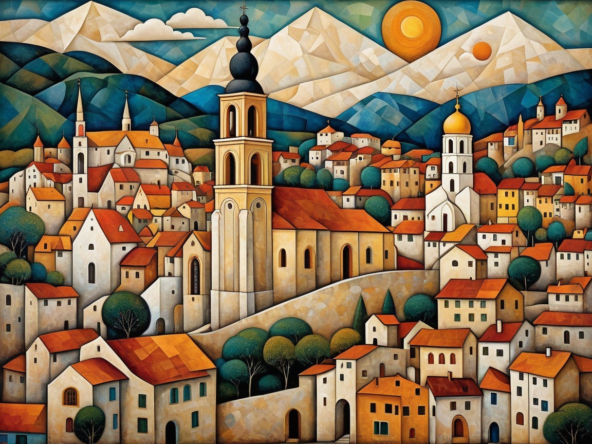 Vibrant Village Landscape with Rolling Hills and Mountains