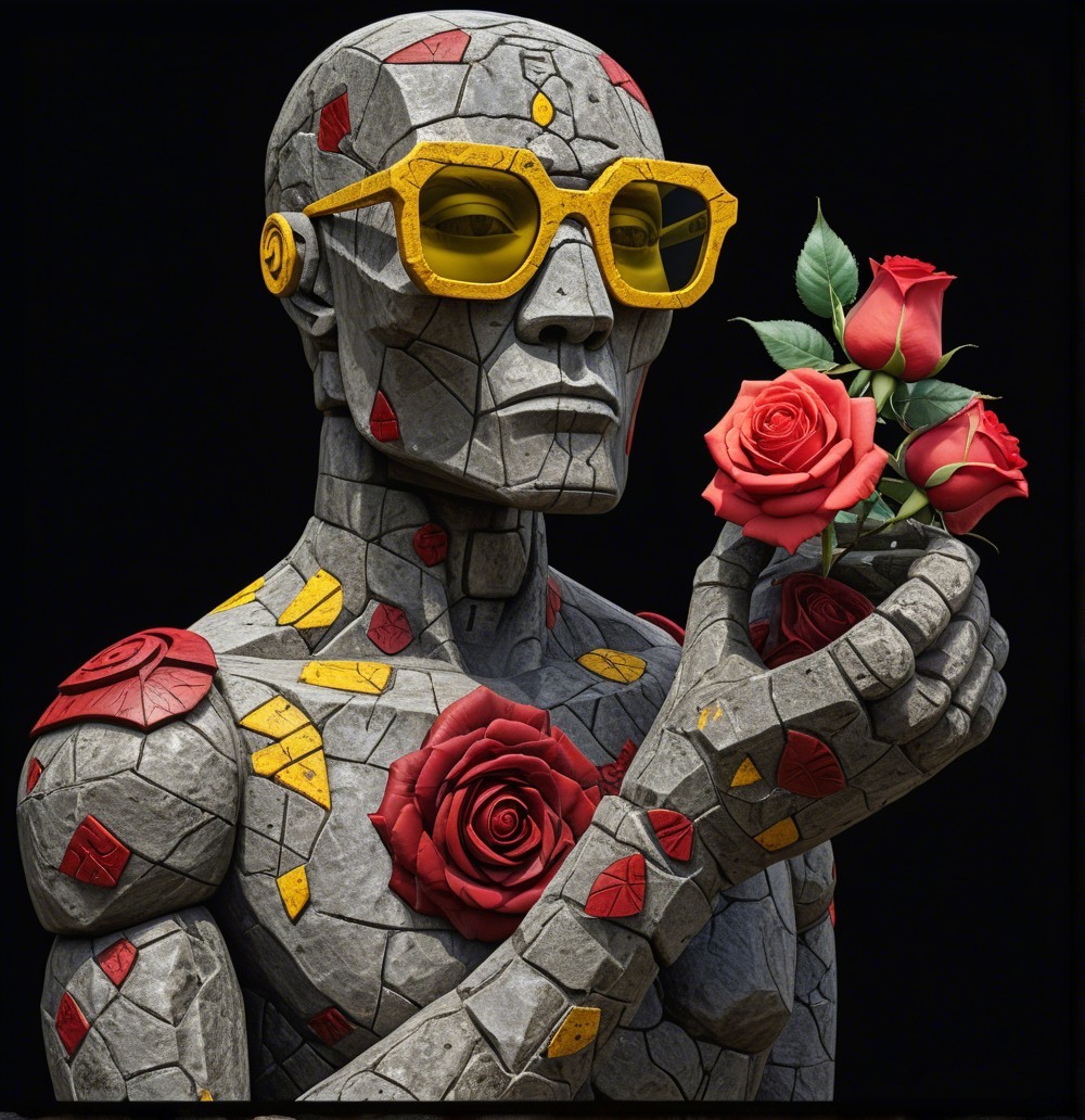Stylized Stone Figure with Roses and Sunglasses