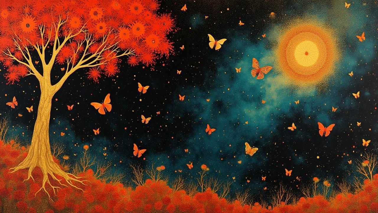 Vivid Landscape with Red Tree and Blue Sky