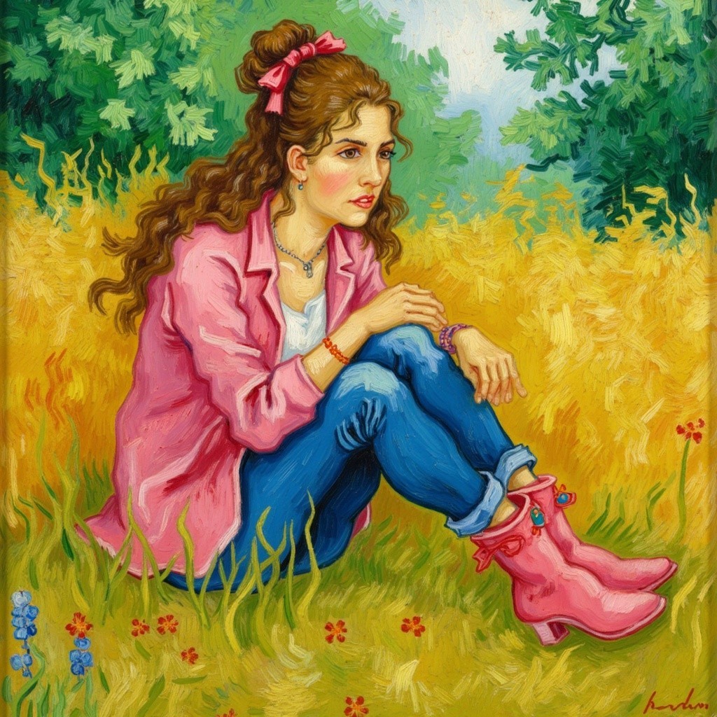 Young woman in pink blazer in vibrant field setting