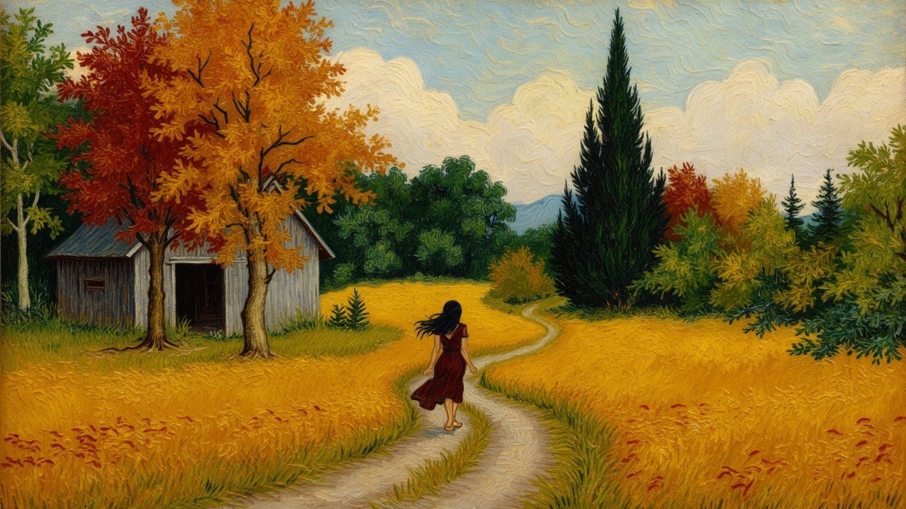 Autumn Landscape with Fields, Trees, and Cabin
