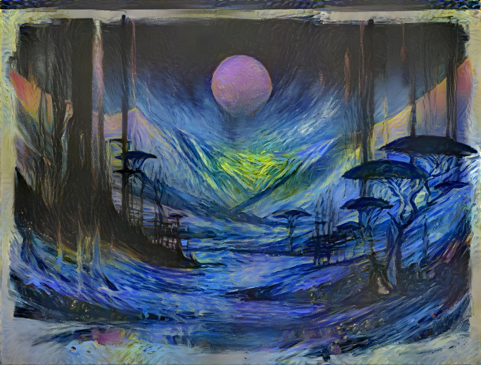 Surreal landscape with vibrant blues and purples