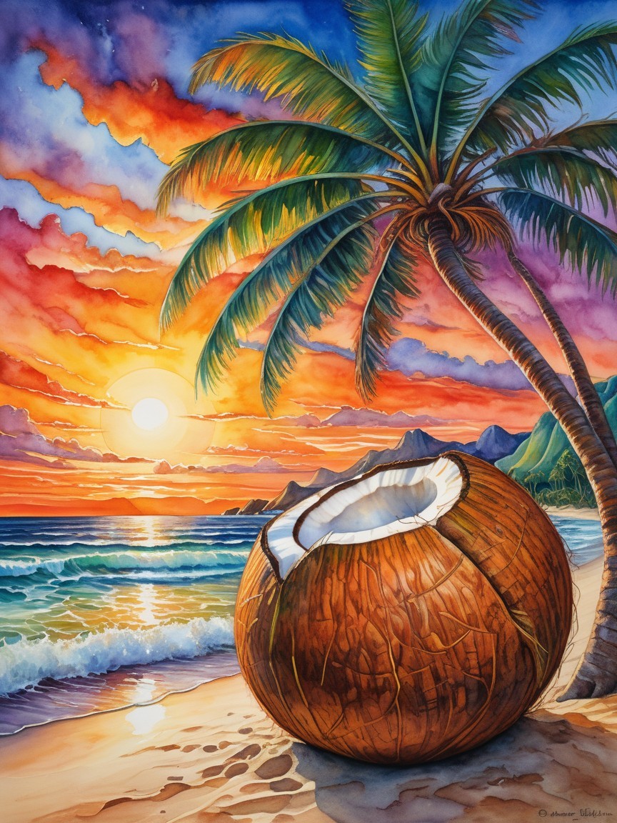 Vibrant Sunset Over Tranquil Ocean and Beach Scene