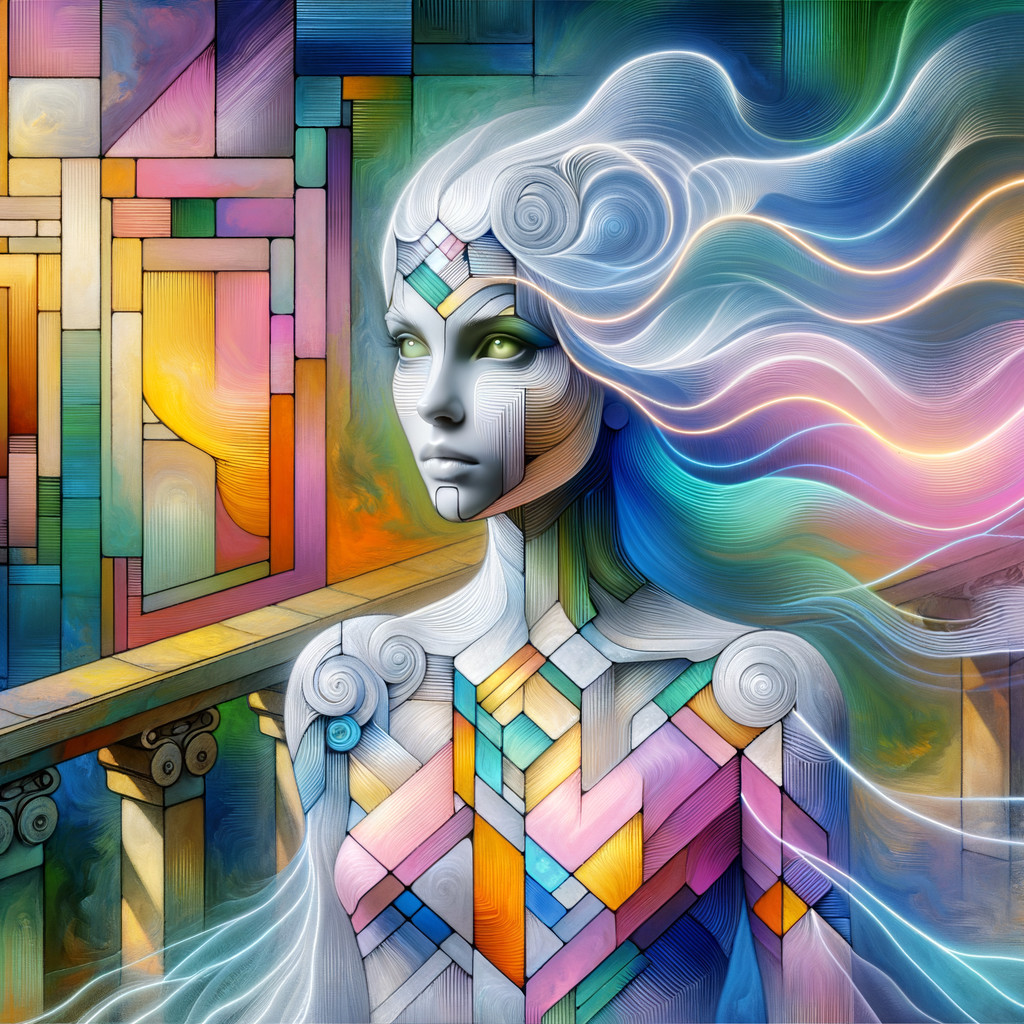 Surreal Figure with Colorful Patterns and Dreamlike Background