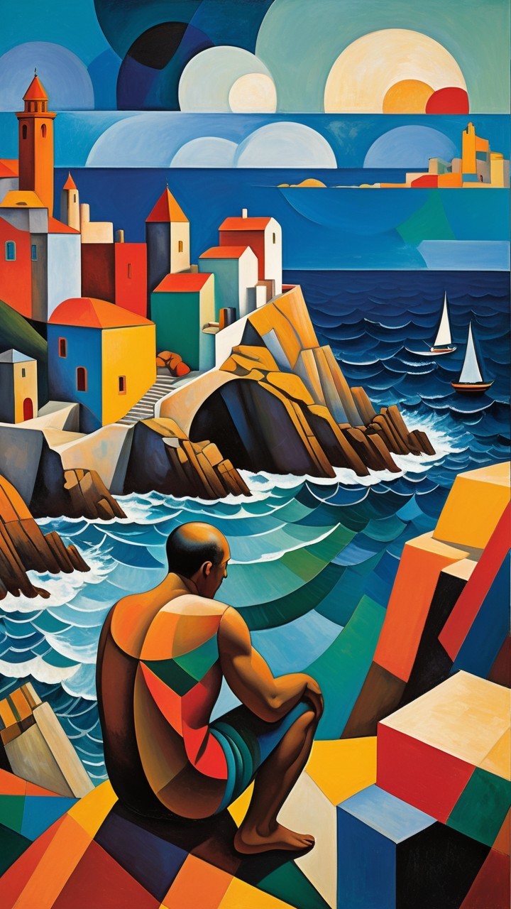 Coastal Scene with Man, Village, and Sailboats