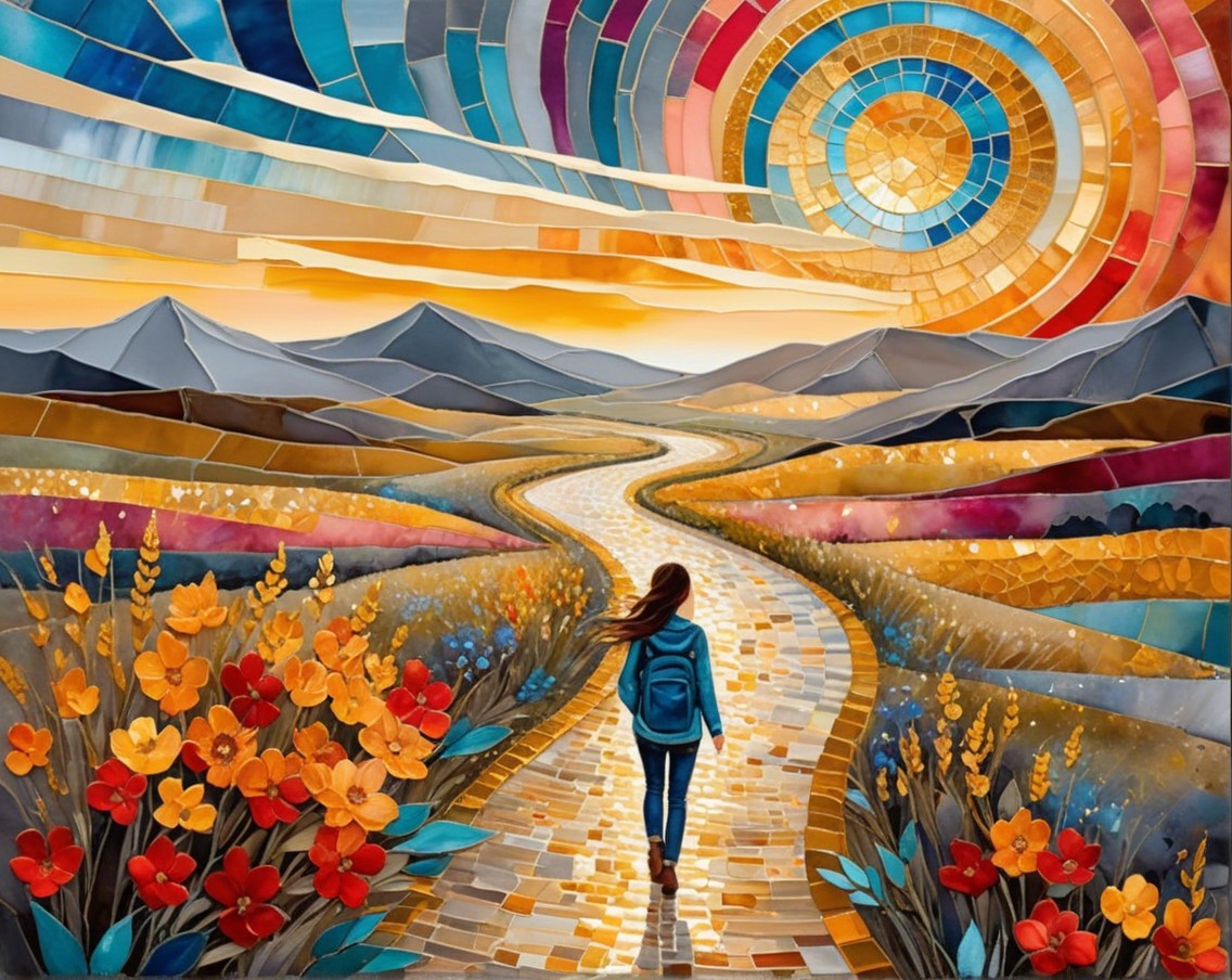 Mosaic Landscape with Pathway and Vibrant Flowers