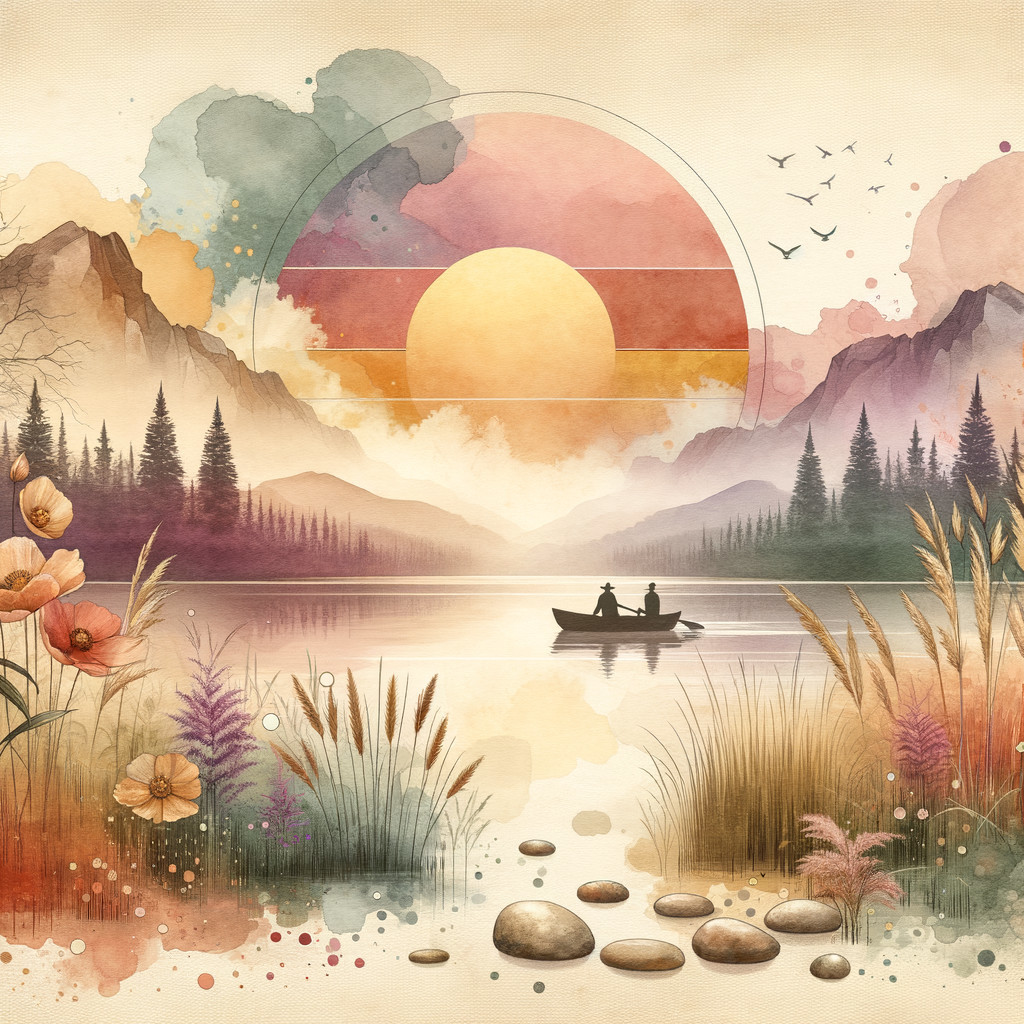 Watercolor Landscape of Lake and Mountains at Sunset