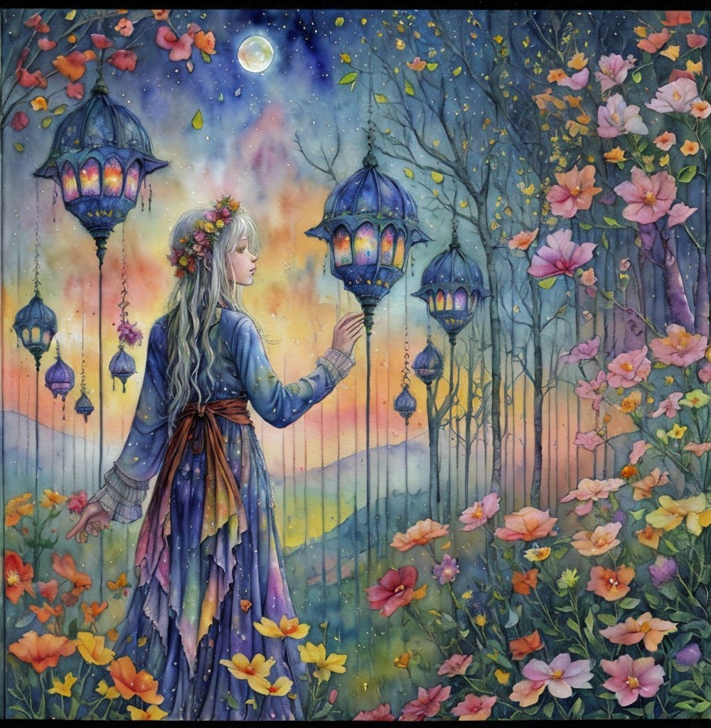 Mystical Girl in Twilight Forest with Colorful Lanterns