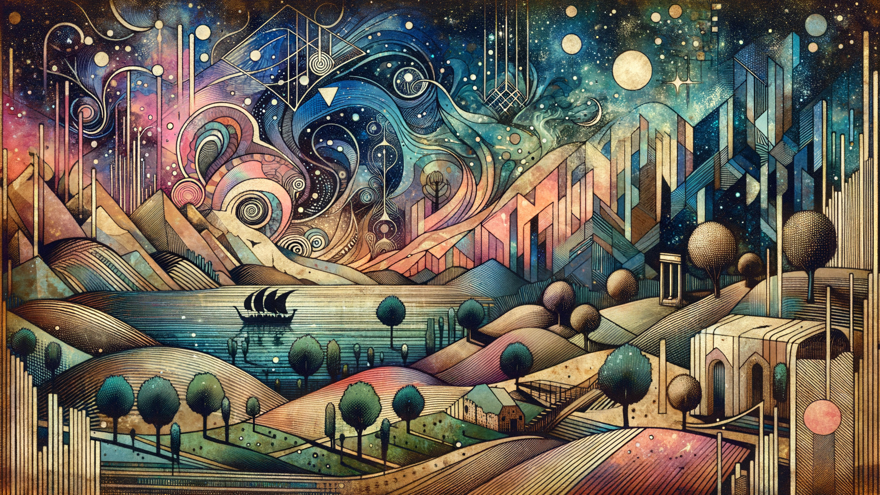 Vibrant Abstract Landscape with Swirling Skies and Mountains