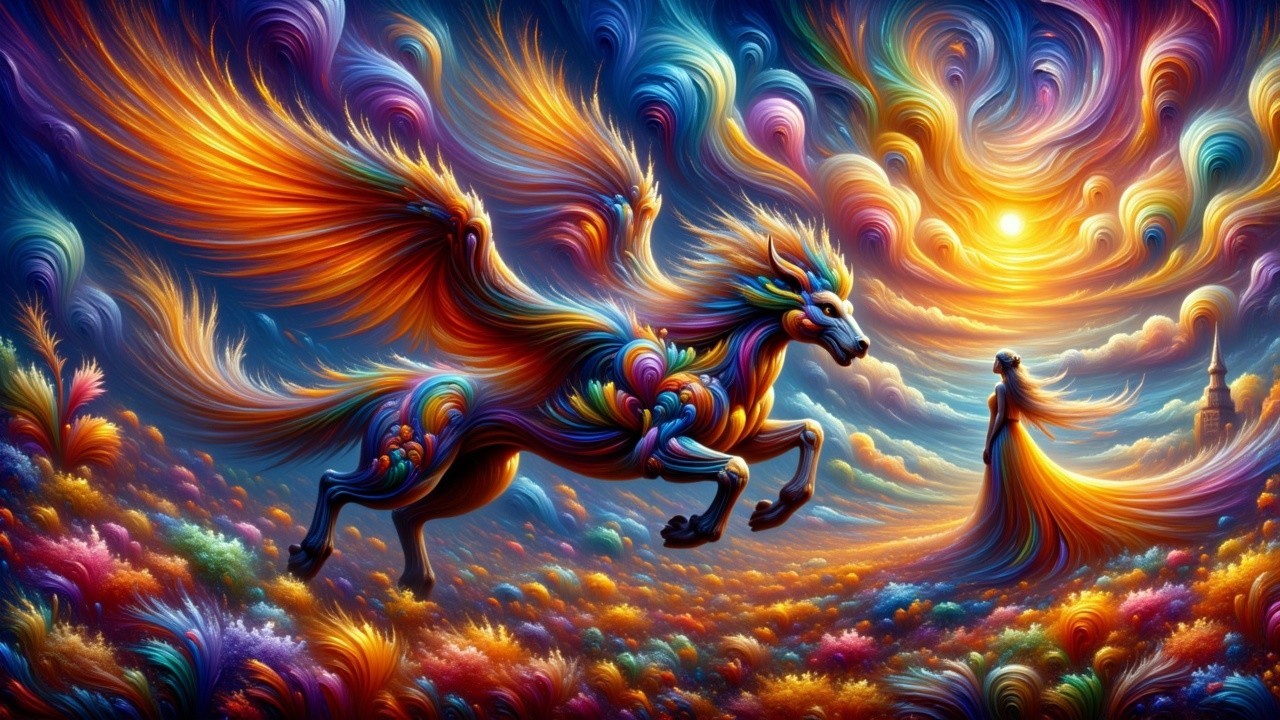 Surreal Landscape with Colorful Winged Horse and Figure