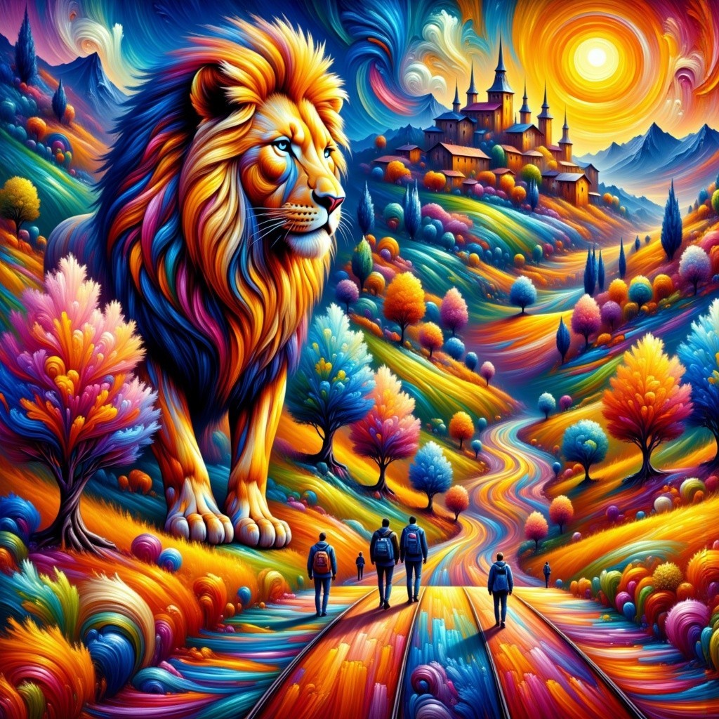 Surreal Landscape with Colorful Lion and Castle