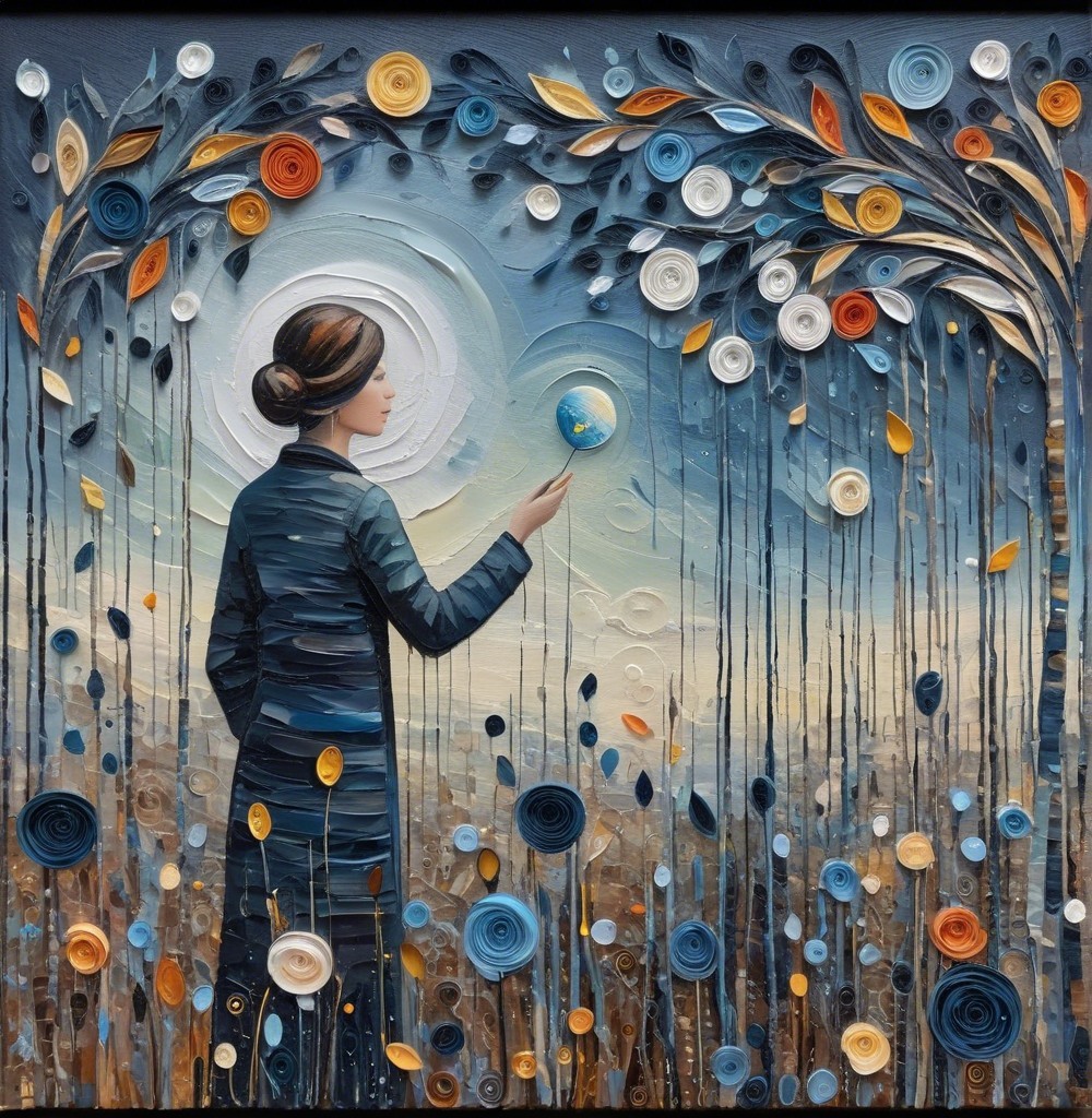 Woman in Dark Coat with Orb Surrounded by Flowers