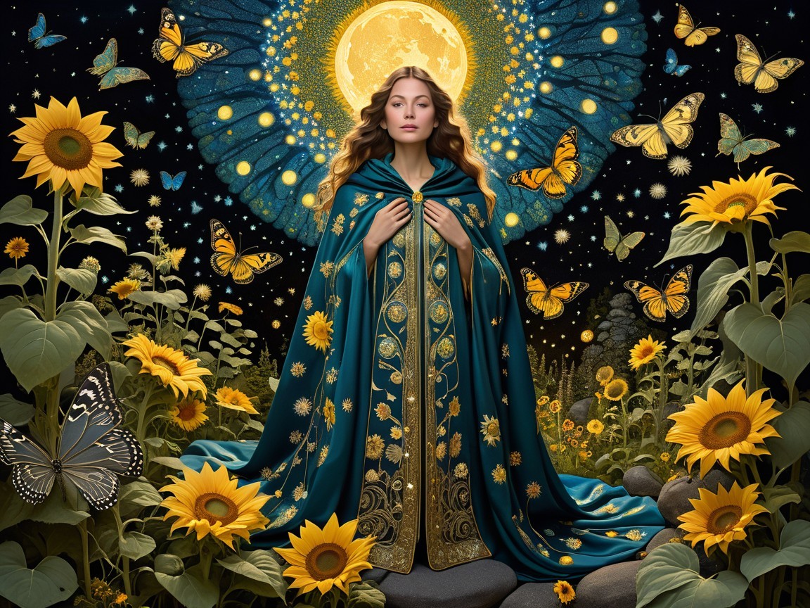Mystical Figure Among Sunflowers and Butterflies at Night