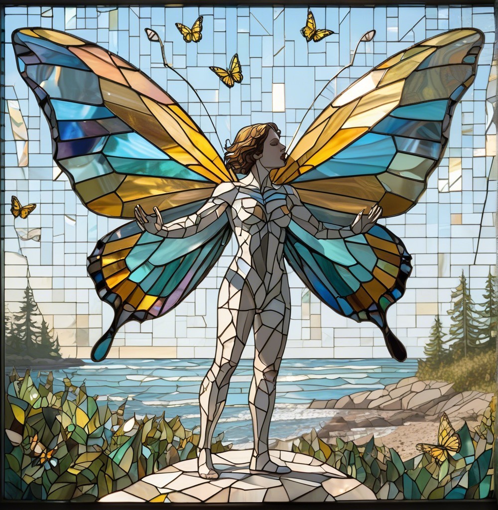 Stained Glass Artwork of a Winged Figure by the Shore