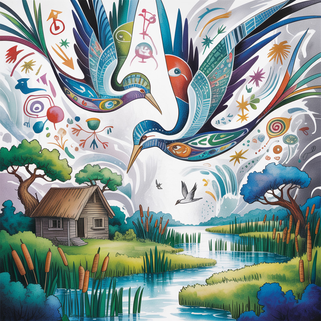 Vibrant Landscape with Birds and Quaint Cottage